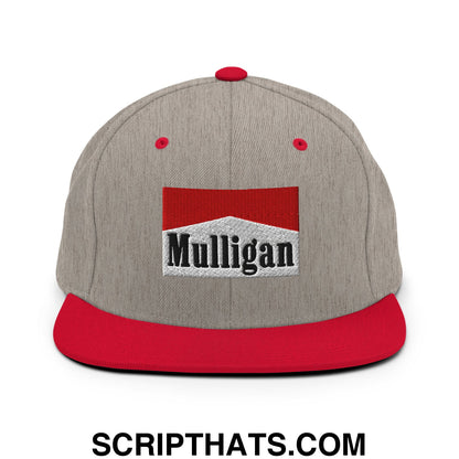 Mulligan Cigarette Red Embroidered Flat Bill Brim Snapback Hat Heather Grey Red