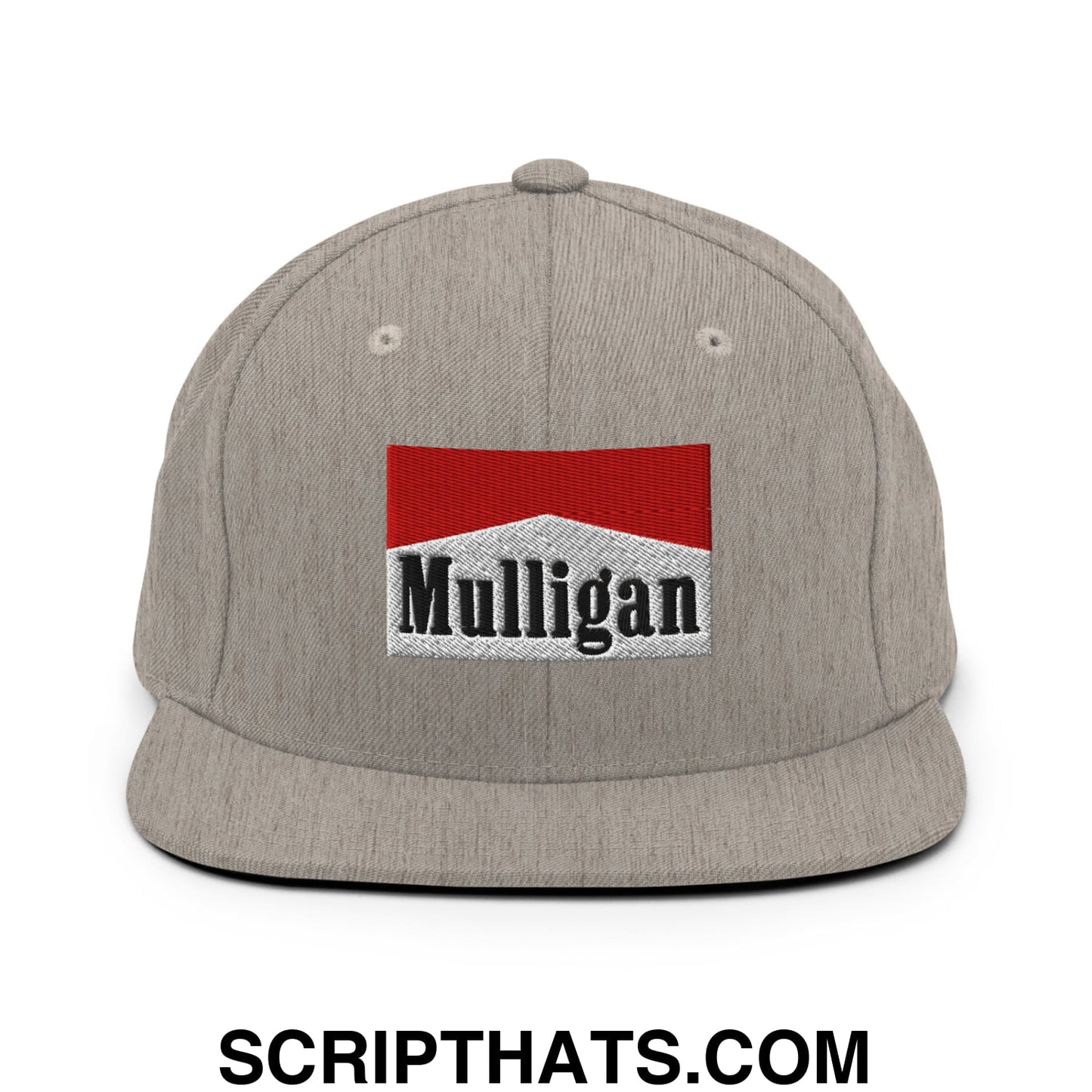 Mulligan Cigarette Red Embroidered Flat Bill Brim Snapback Hat Heather Grey