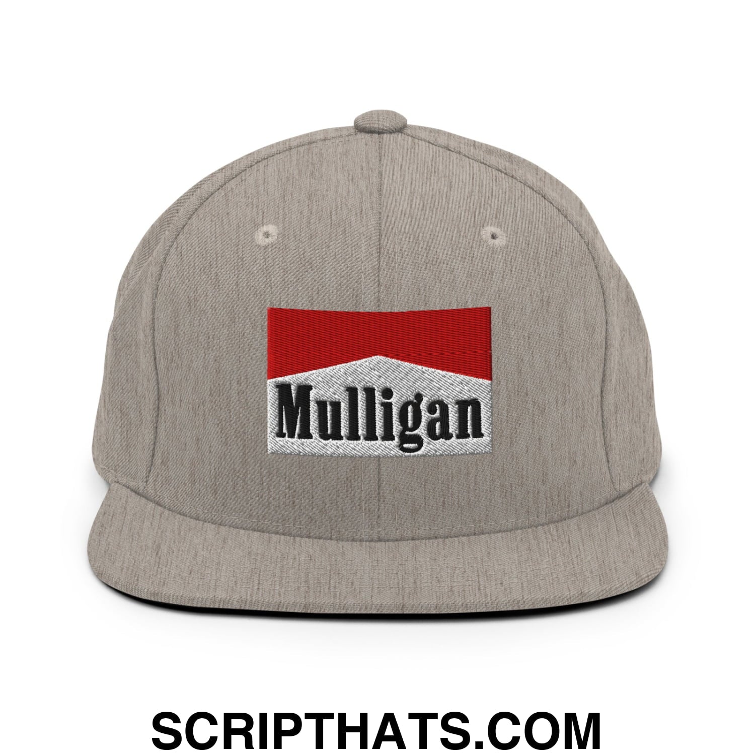 Mulligan Cigarette Red Embroidered Flat Bill Brim Snapback Hat Heather Grey