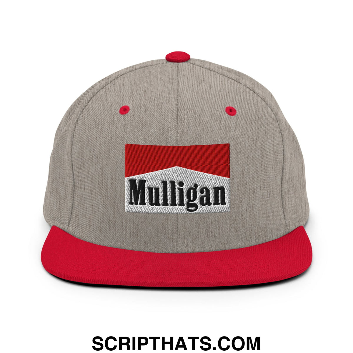 Gray and red snapback hat with marlboro-style mulligan logo embroidered in black on white flat bill brim