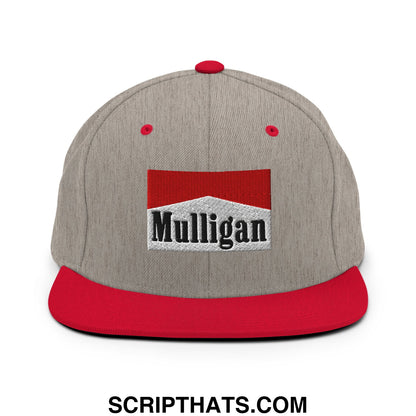 Gray and red snapback hat with marlboro-style mulligan logo embroidered in black on white flat bill brim