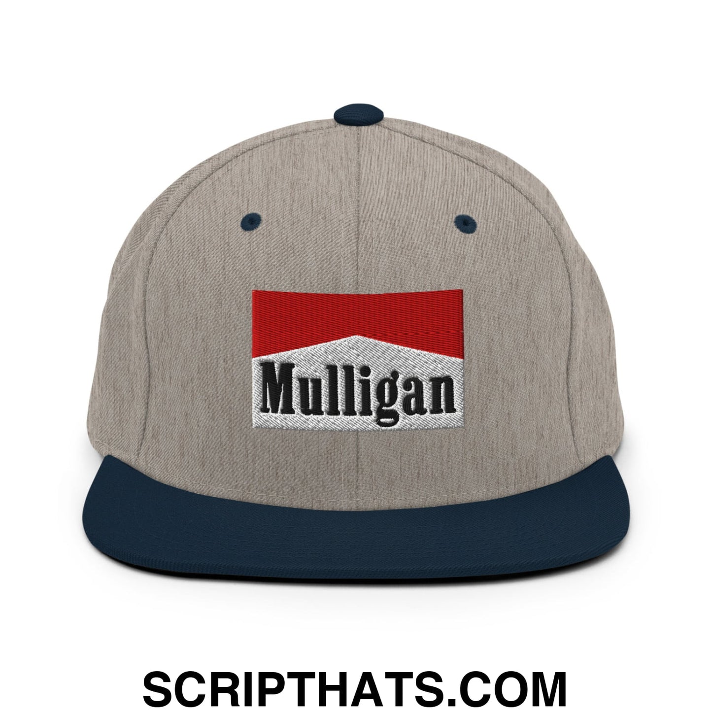 Mulligan Cigarette Red Embroidered Flat Bill Brim Snapback Hat Heather Grey Navy