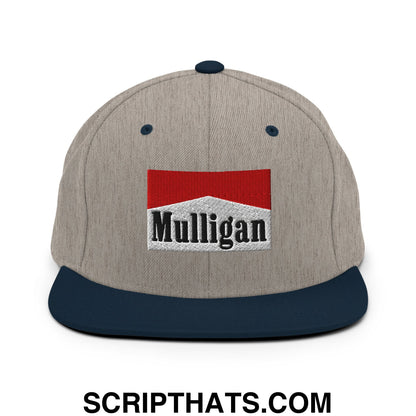 Mulligan Cigarette Red Embroidered Flat Bill Brim Snapback Hat Heather Grey Navy