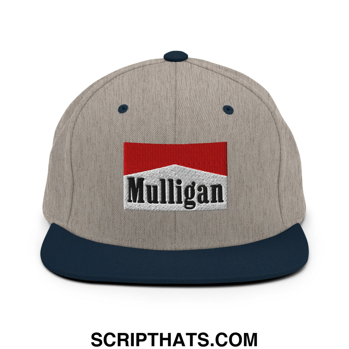 Gray and navy snapback cap with red white and black embroidered mulligan cigarette logo flat bill brim