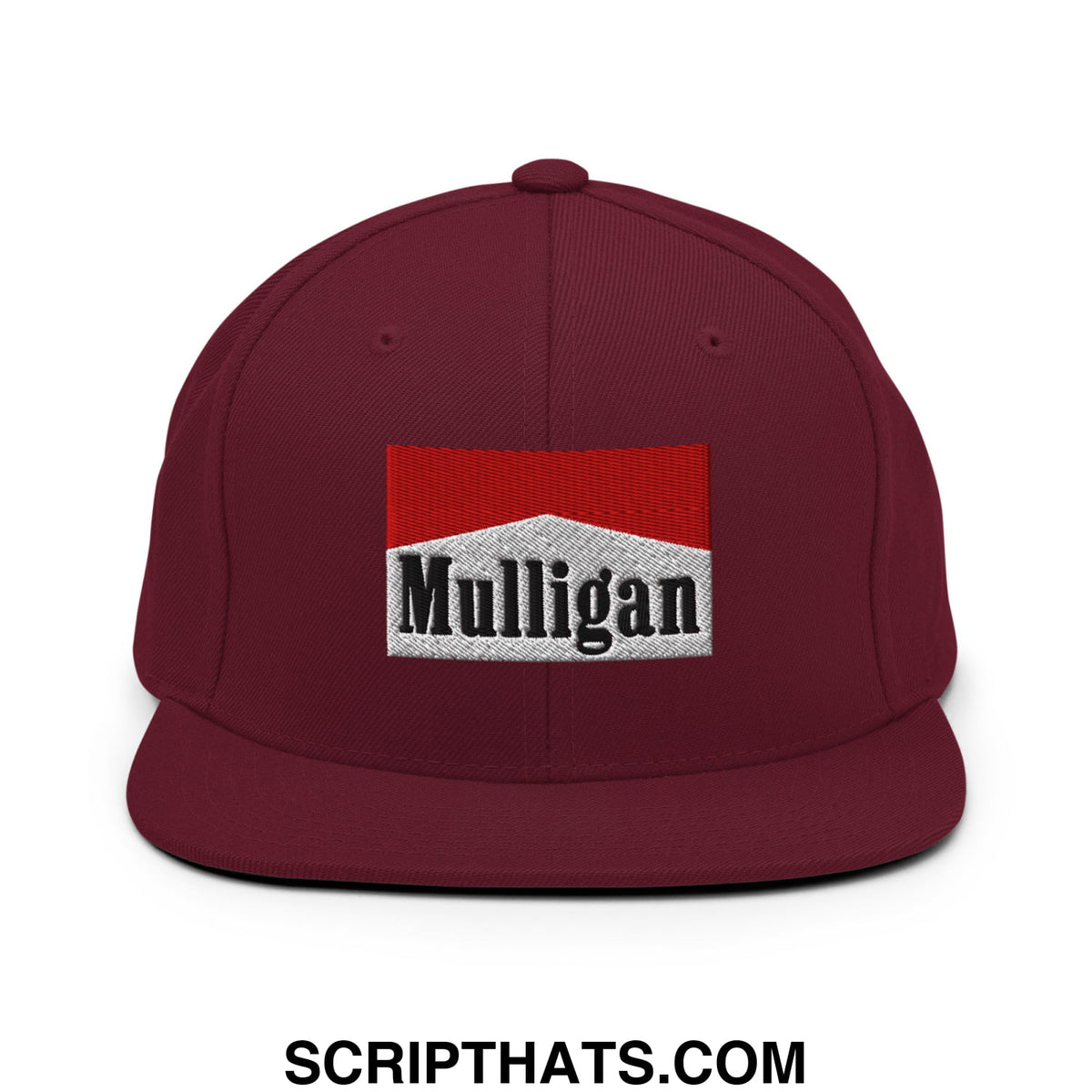 Maroon snapback hat with flat bill brim featuring an embroidered marlboro style mulligan logo in black on white background