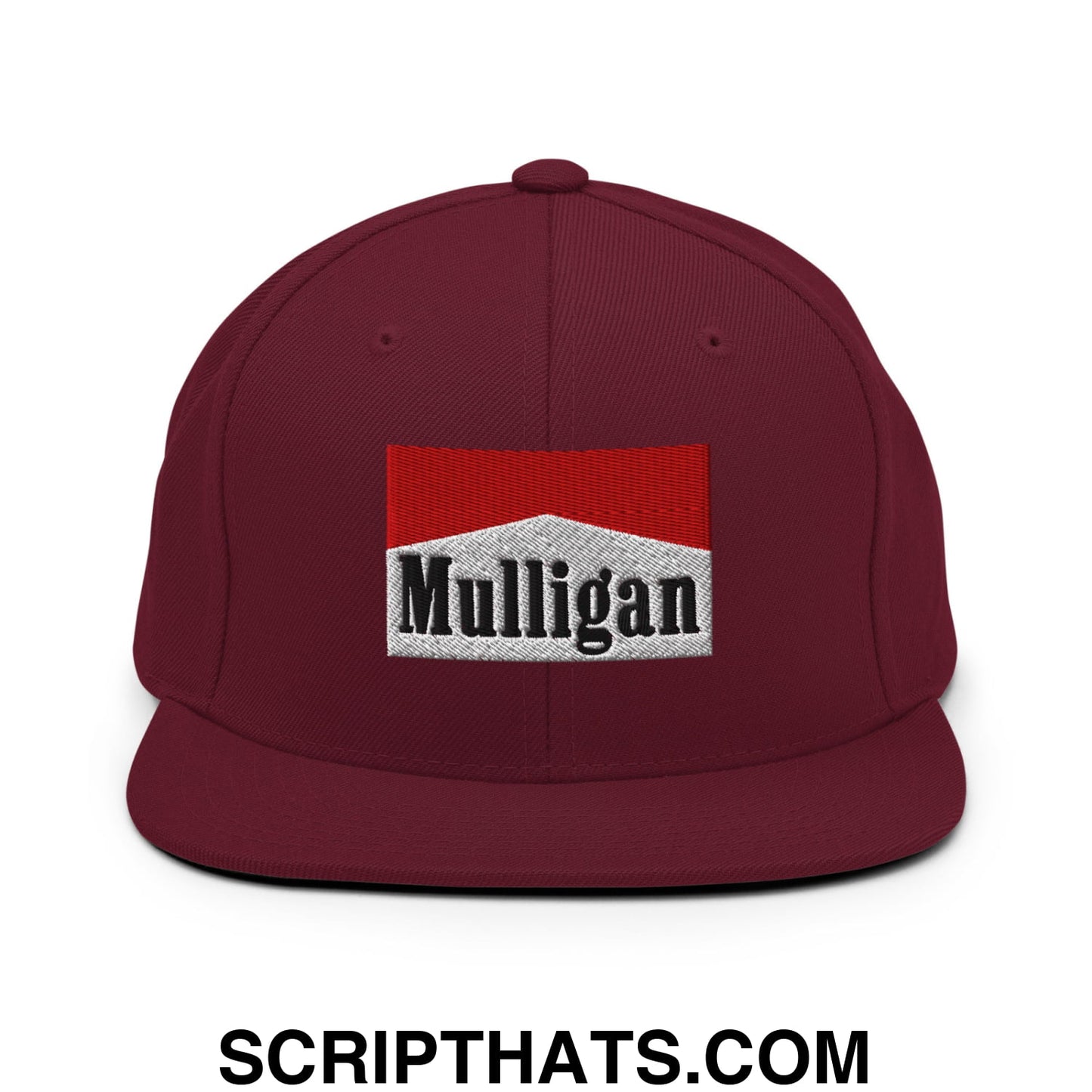 Mulligan Cigarette Red Embroidered Flat Bill Brim Snapback Hat Maroon