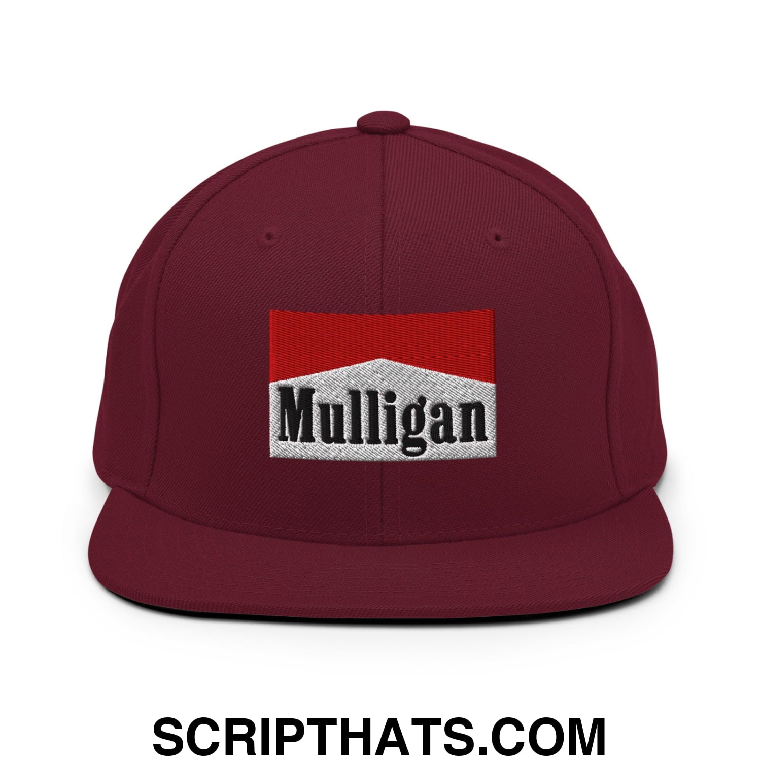 Mulligan Cigarette Red Embroidered Flat Bill Brim Snapback Hat Maroon