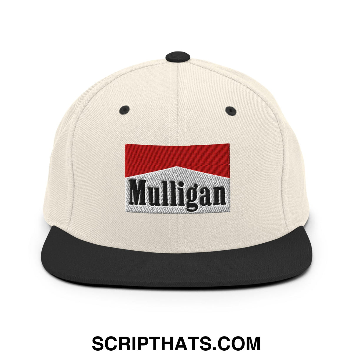 Cream-colored snapback hat with black flat bill and red white black embroidered mulligan logo design