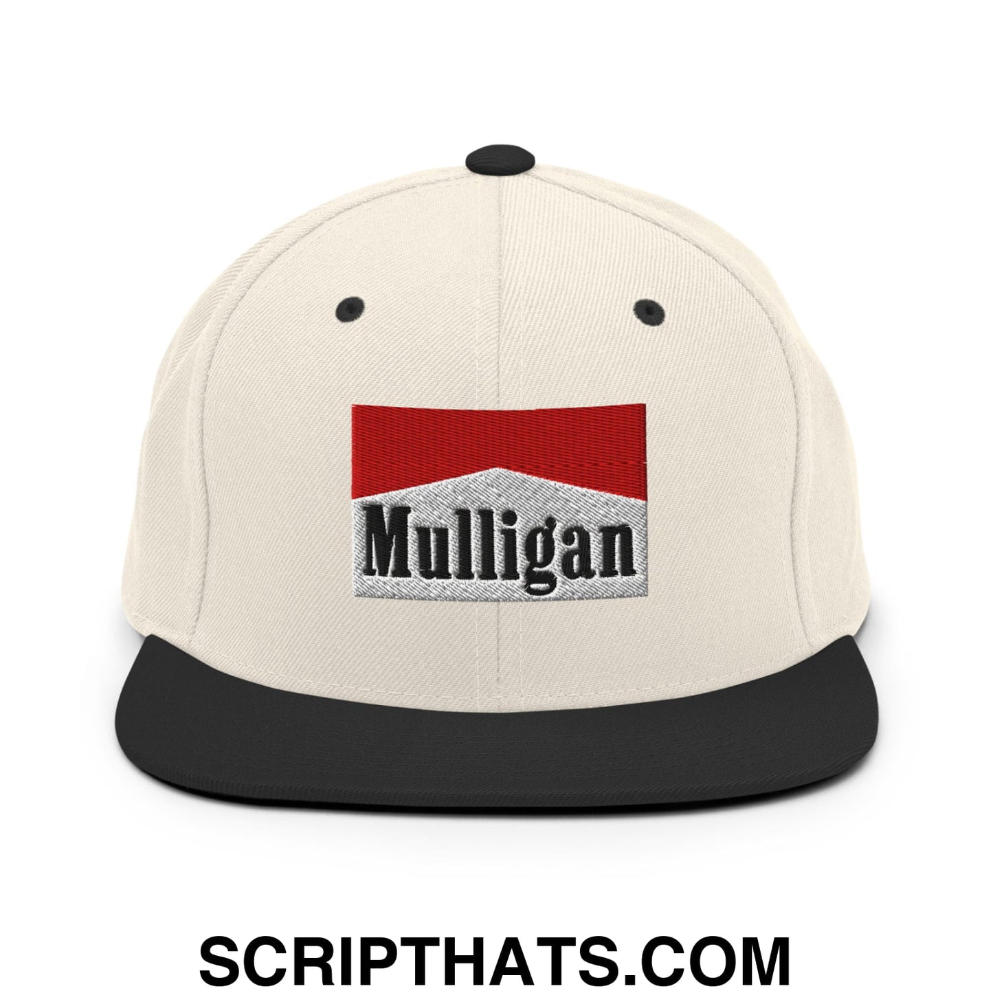 Mulligan Cigarette Red Embroidered Flat Bill Brim Snapback Hat Natural Black