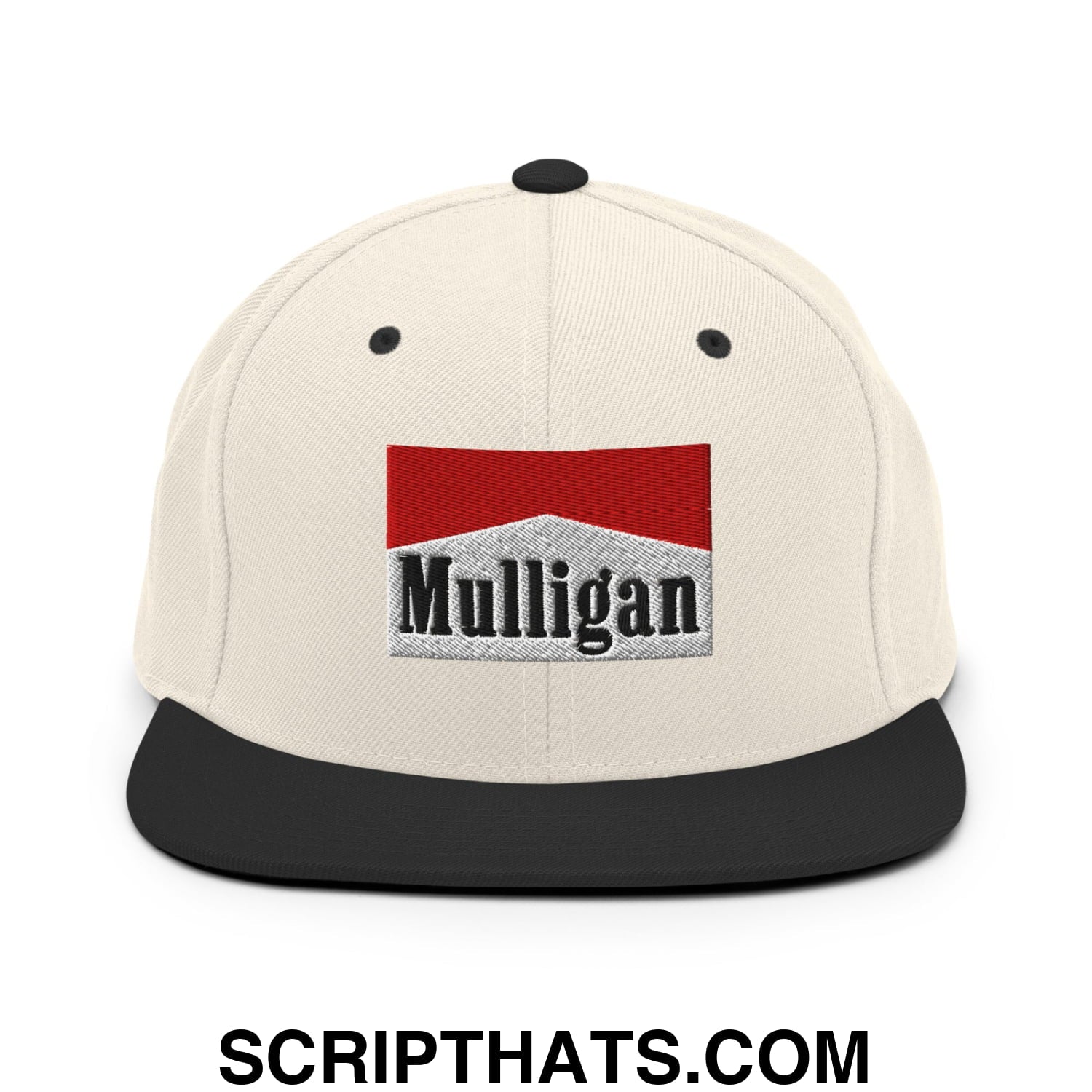 Mulligan Cigarette Red Embroidered Flat Bill Brim Snapback Hat Natural Black