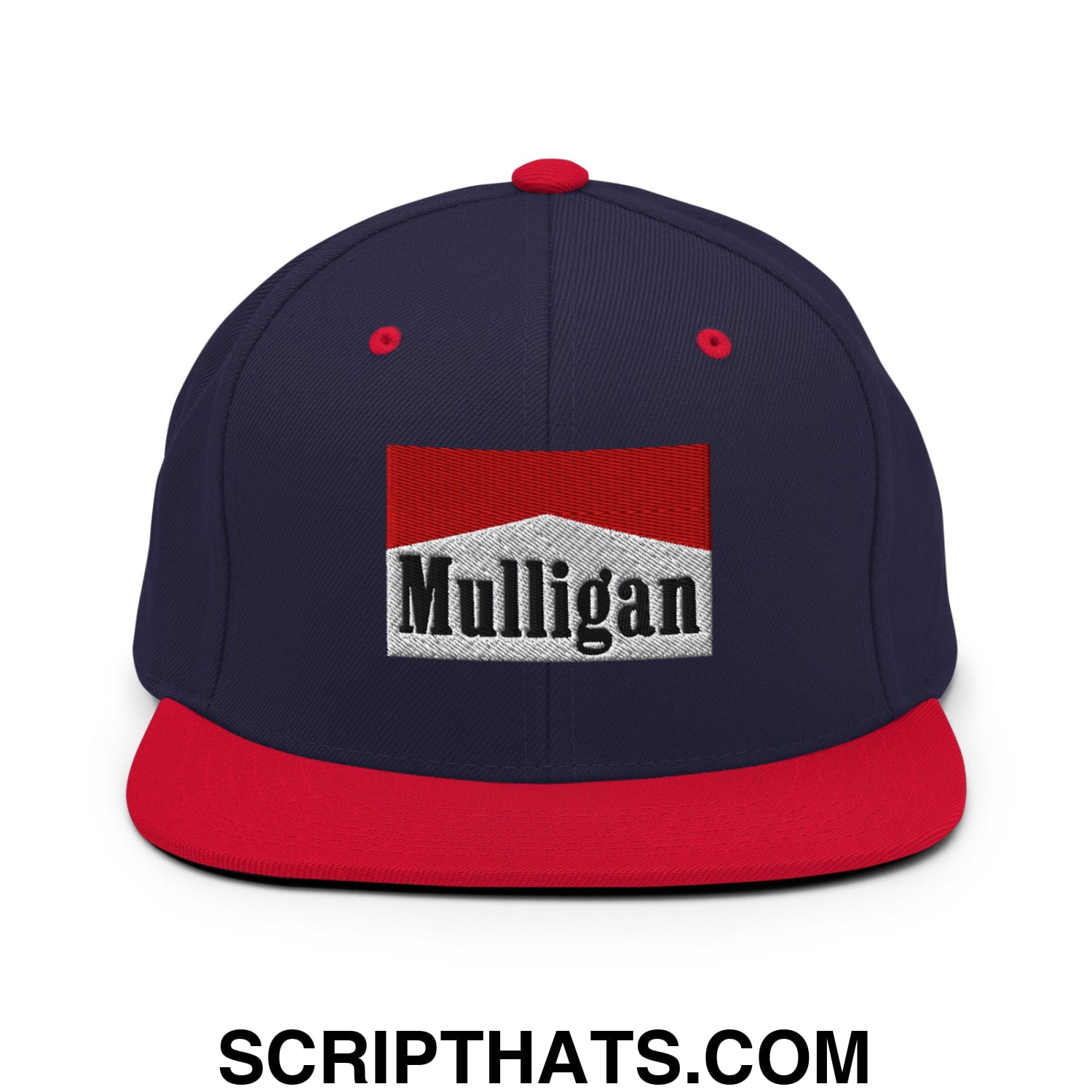 Mulligan Cigarette Red Embroidered Flat Bill Brim Snapback Hat Navy Red