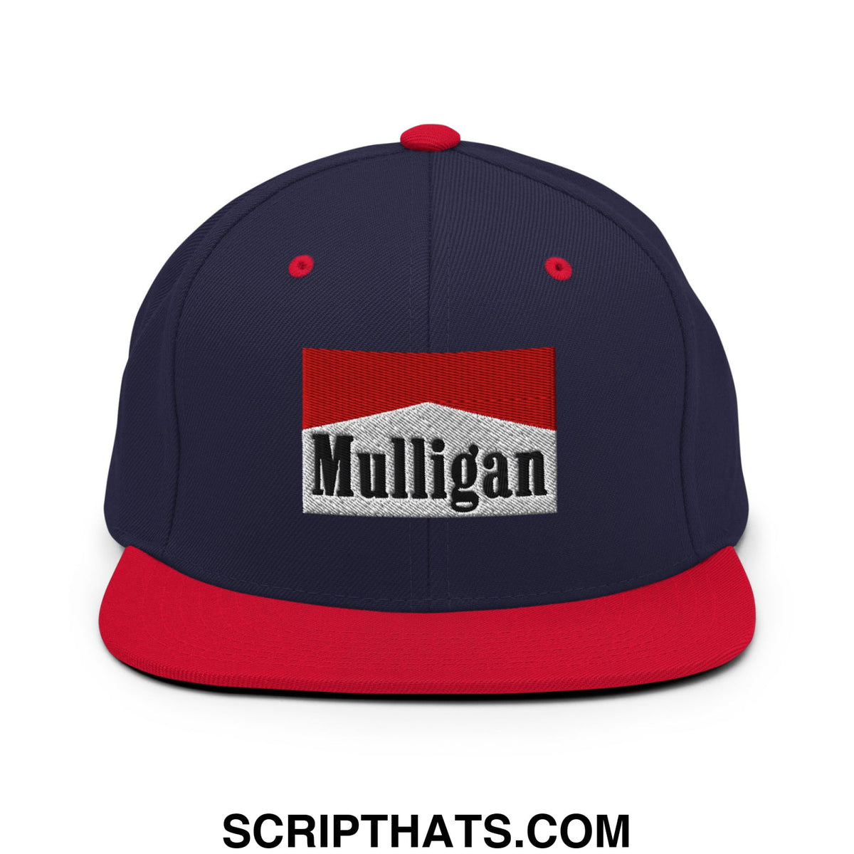 Navy blue and red snapback hat with a flat bill brim and white embroidered mulligan logo in black lettering
