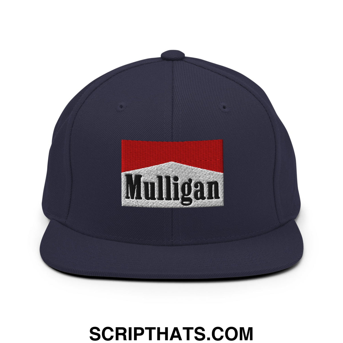 Navy blue snapback cap with a red and white embroidered mulligan cigarette logo and flat bill brim