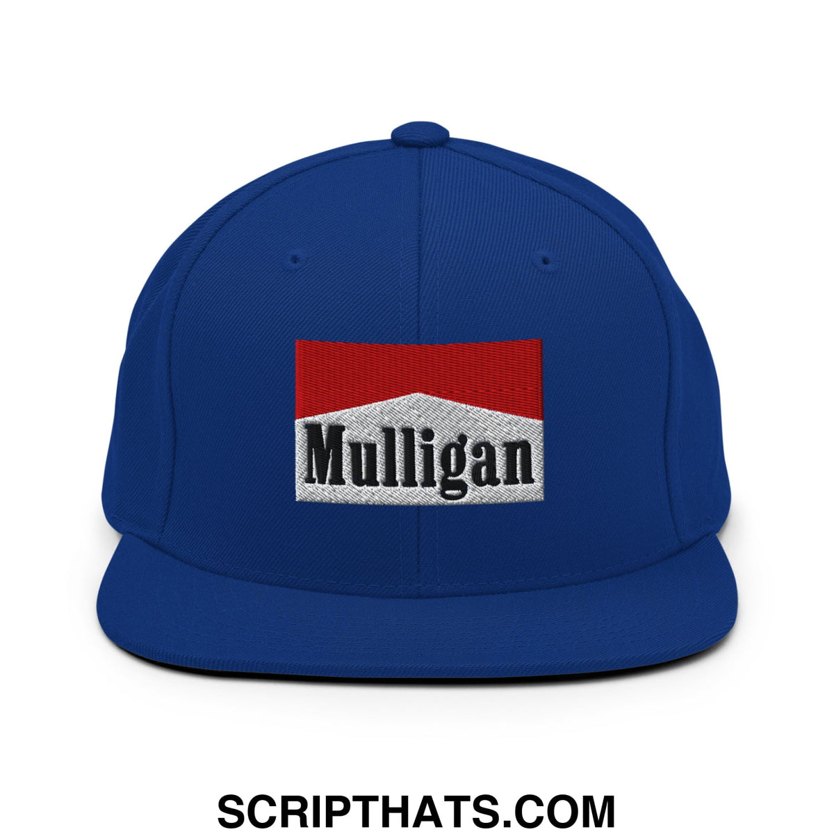 Royal blue snapback hat with a flat bill featuring a red and white embroidered mulligan cigarette logo