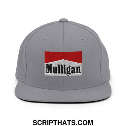Gray snapback cap with embroidered mulligan cigarette red and white logo featuring a flat bill brim design