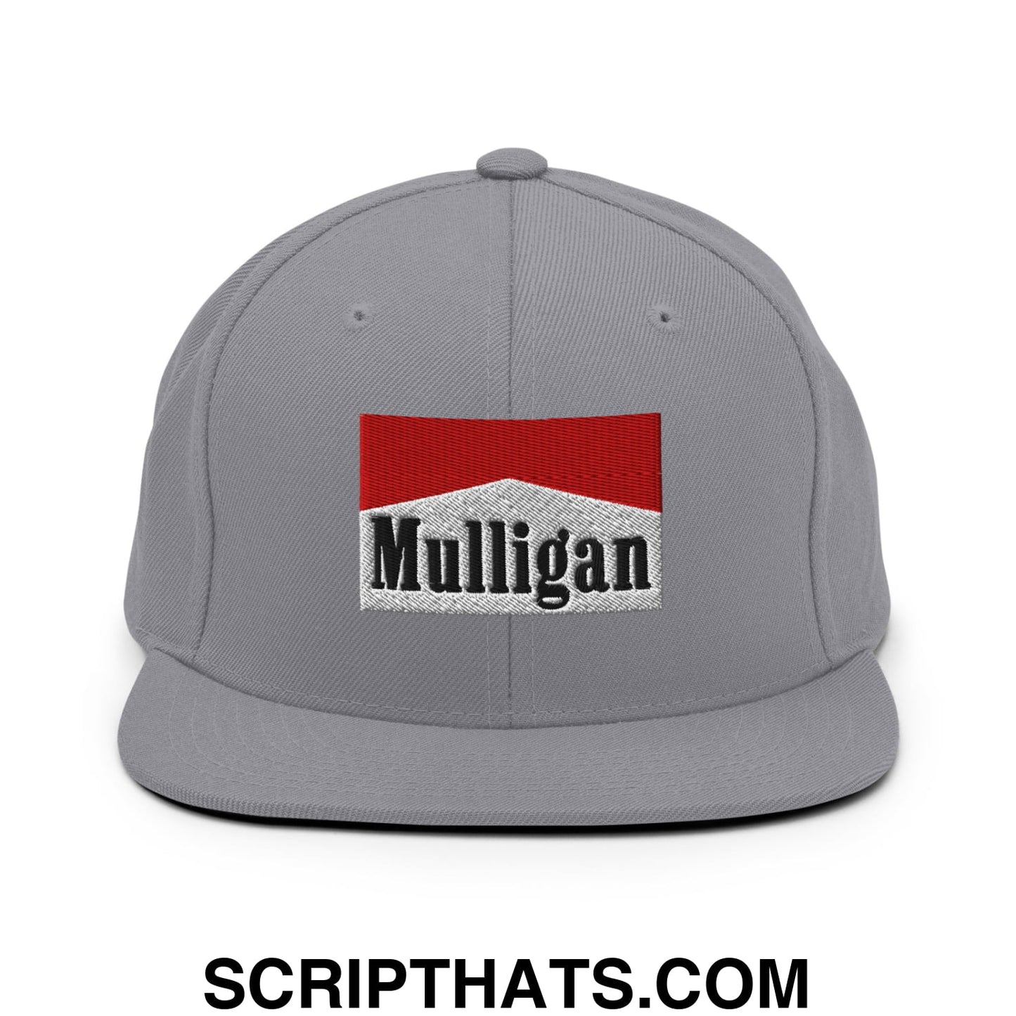 Mulligan Cigarette Red Embroidered Flat Bill Brim Snapback Hat Silver
