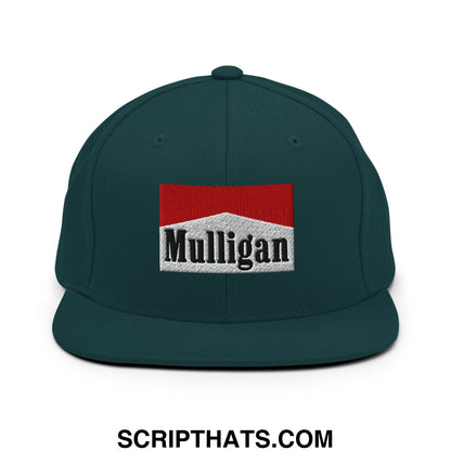 Dark green snapback cap featuring an embroidered red and white mulligan logo on a flat bill brim