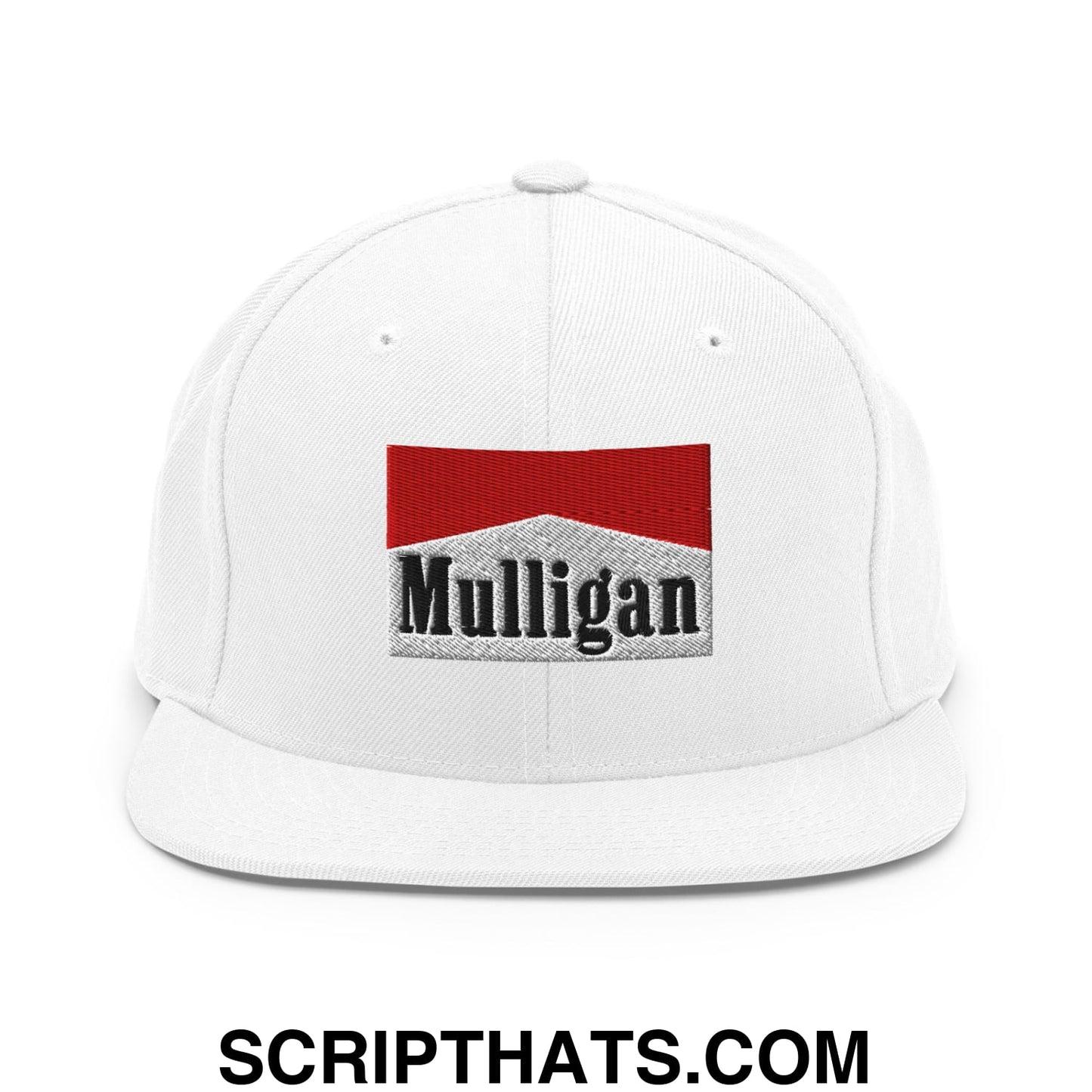 Mulligan Cigarette Red Embroidered Flat Bill Brim Snapback Hat White
