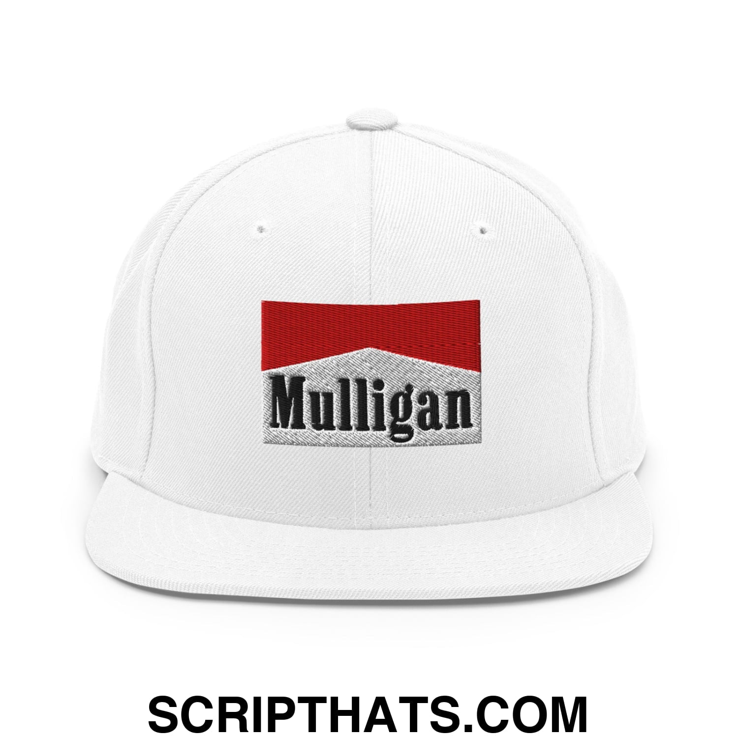 Mulligan Cigarette Red Embroidered Flat Bill Brim Snapback Hat White