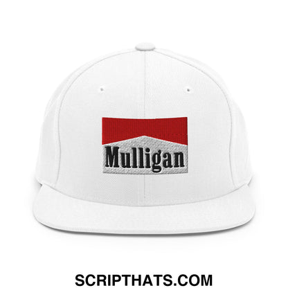 White snapback cap with a red and silver embroidered mulligan logo and flat bill brim for stylish casual wear