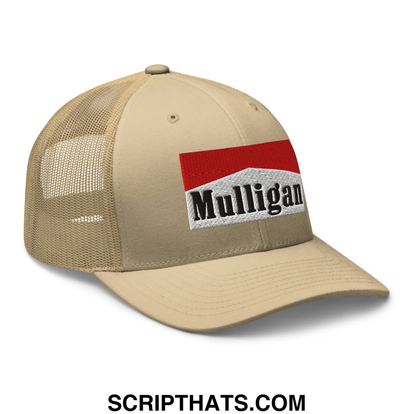 Mulligan Cigarette Red Embroidered Mesh Trucker Hat Khaki