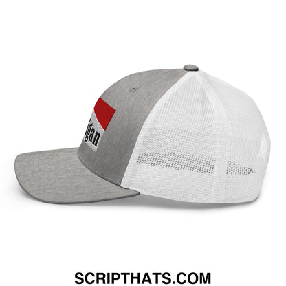 Mulligan Cigarette Red Embroidered Mesh Trucker Hat Heather Grey White