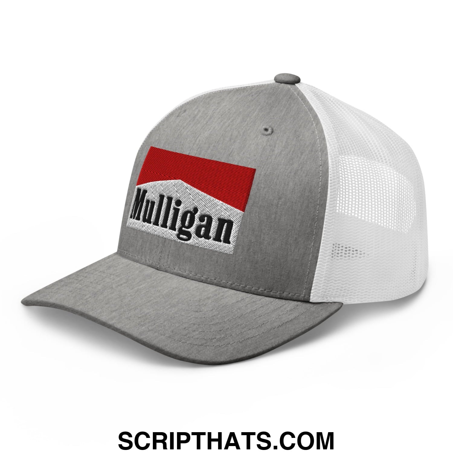 Mulligan Cigarette Red Embroidered Mesh Trucker Hat Heather Grey White