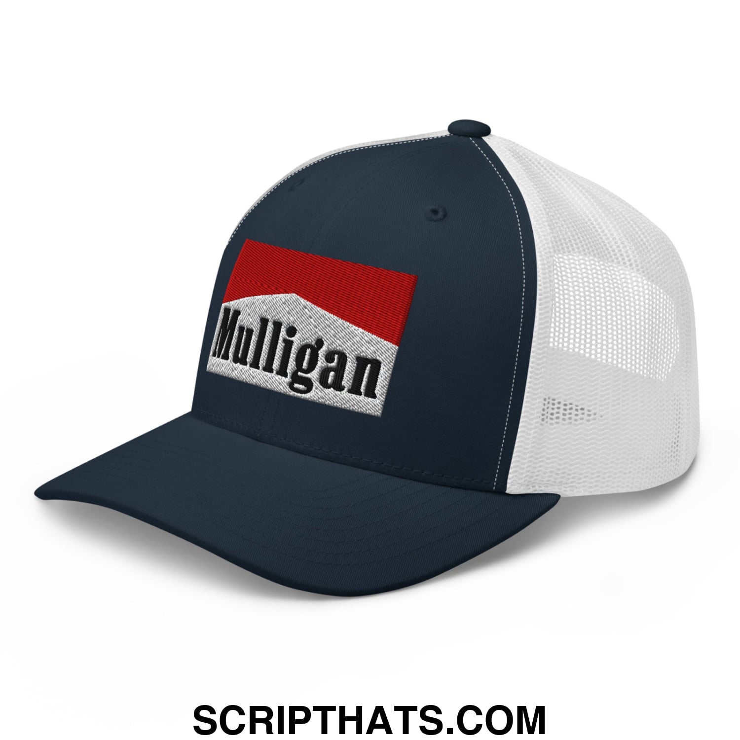 Mulligan Cigarette Red Embroidered Mesh Trucker Hat Navy White
