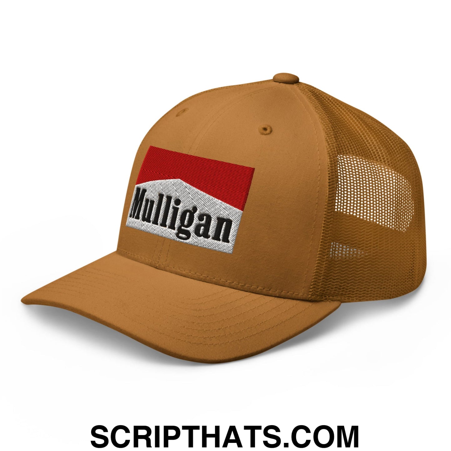 Mulligan Cigarette Red Embroidered Mesh Trucker Hat Caramel