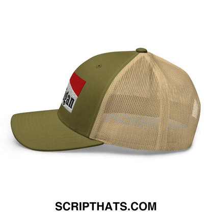 Mulligan Cigarette Red Embroidered Mesh Trucker Hat Moss Khaki