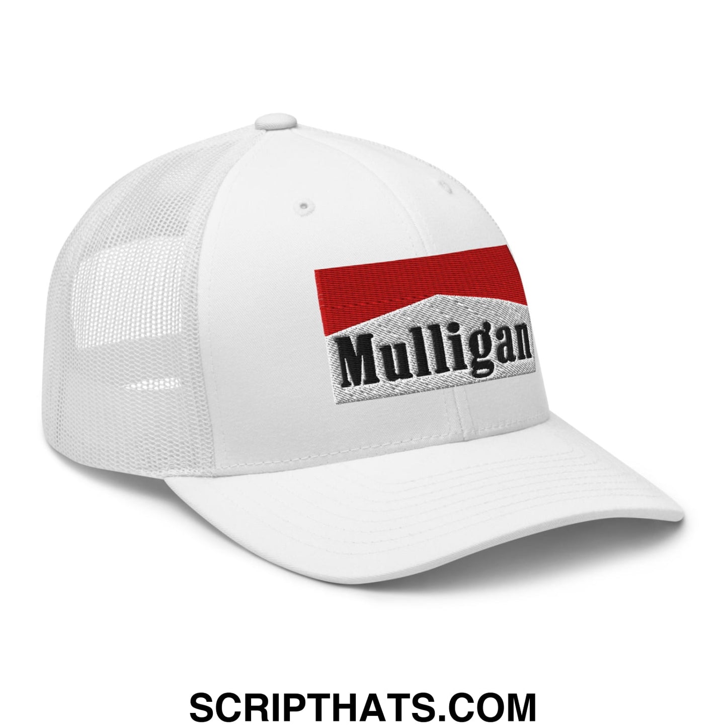 Mulligan Cigarette Red Embroidered Mesh Trucker Hat White