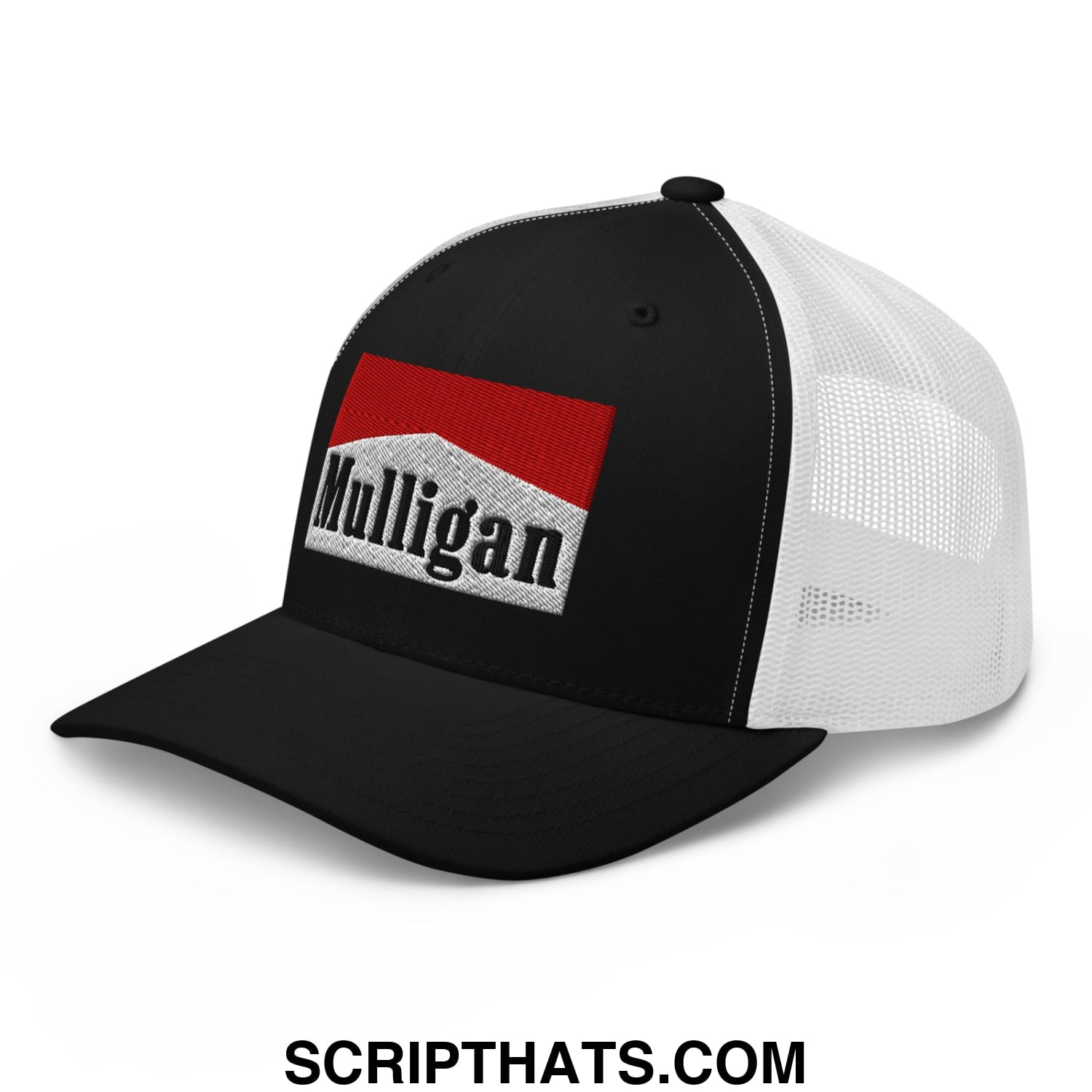 Mulligan Cigarette Red Embroidered Mesh Trucker Hat Black White