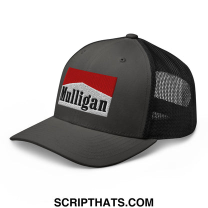 Mulligan Cigarette Red Embroidered Mesh Trucker Hat Charcoal Black