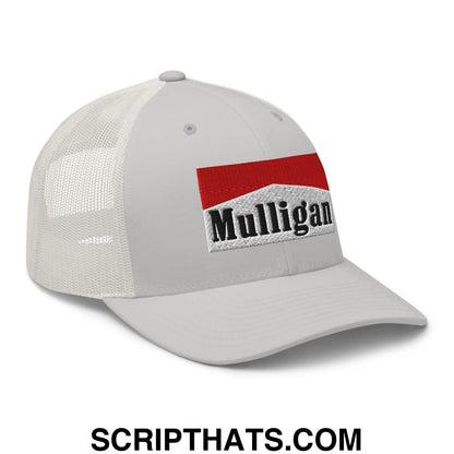 Mulligan Cigarette Red Embroidered Mesh Trucker Hat Silver