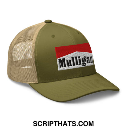 Mulligan Cigarette Red Embroidered Mesh Trucker Hat Moss Khaki