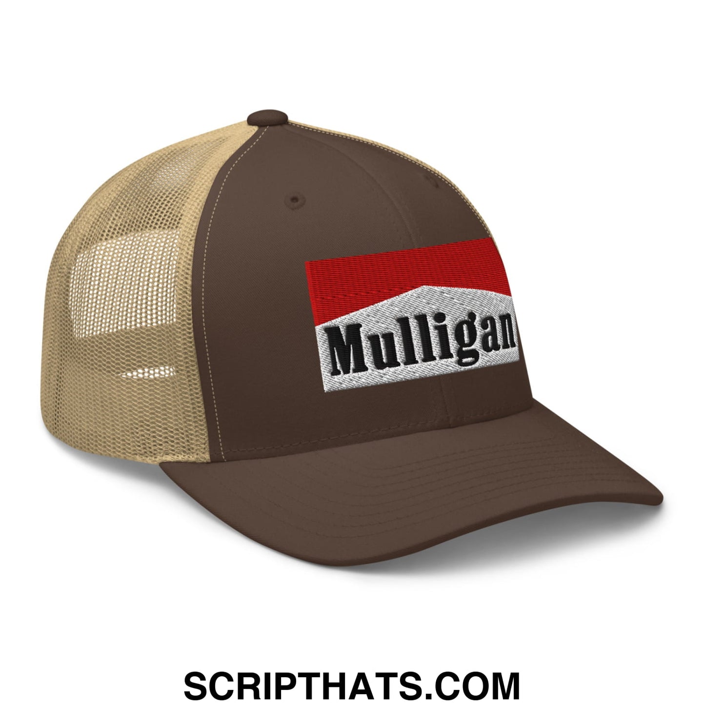 Mulligan Cigarette Red Embroidered Mesh Trucker Hat Brown Khaki
