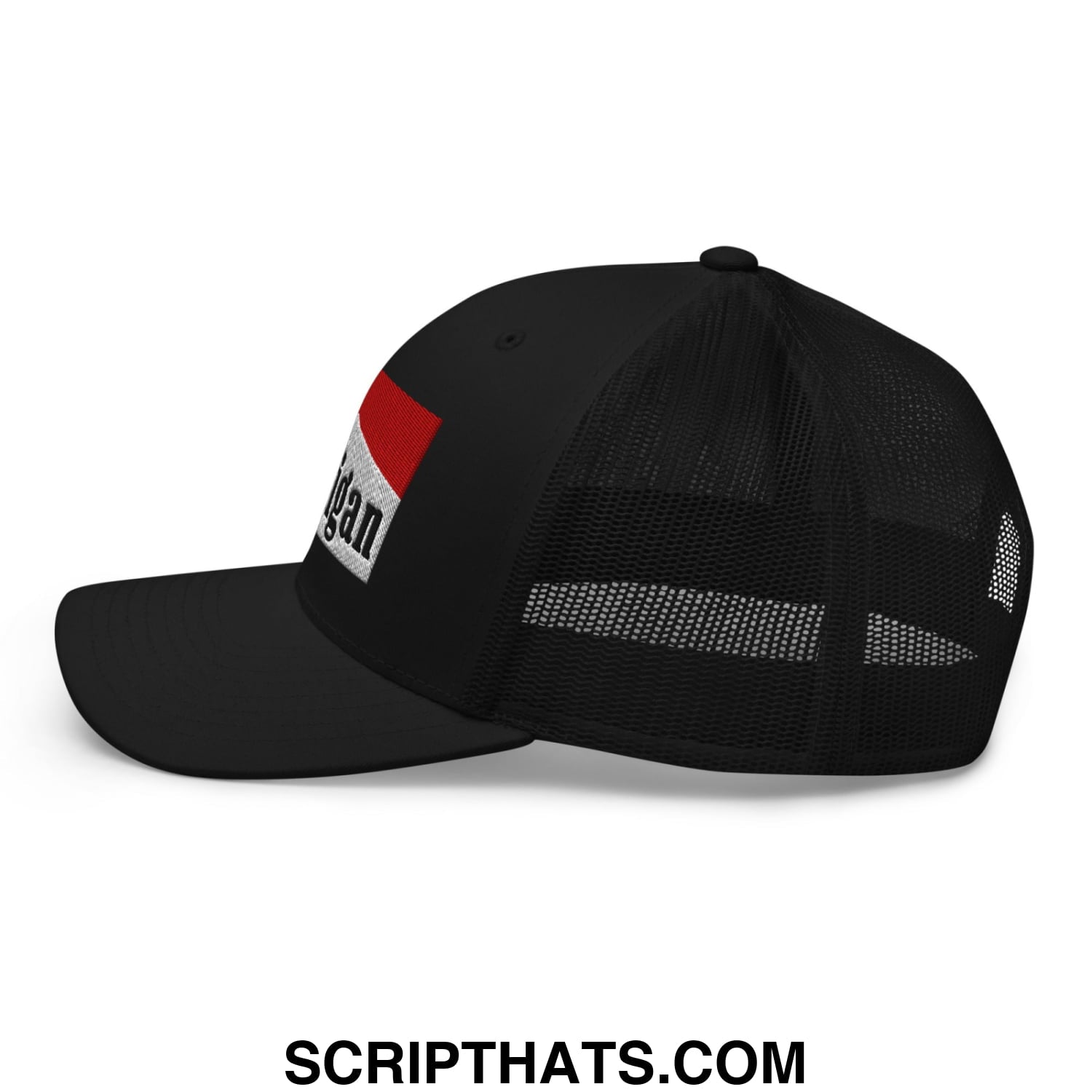 Mulligan Cigarette Red Embroidered Mesh Trucker Hat Black
