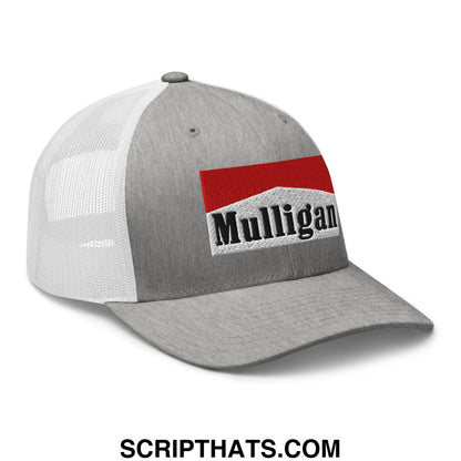 Mulligan Cigarette Red Embroidered Mesh Trucker Hat Heather Grey White