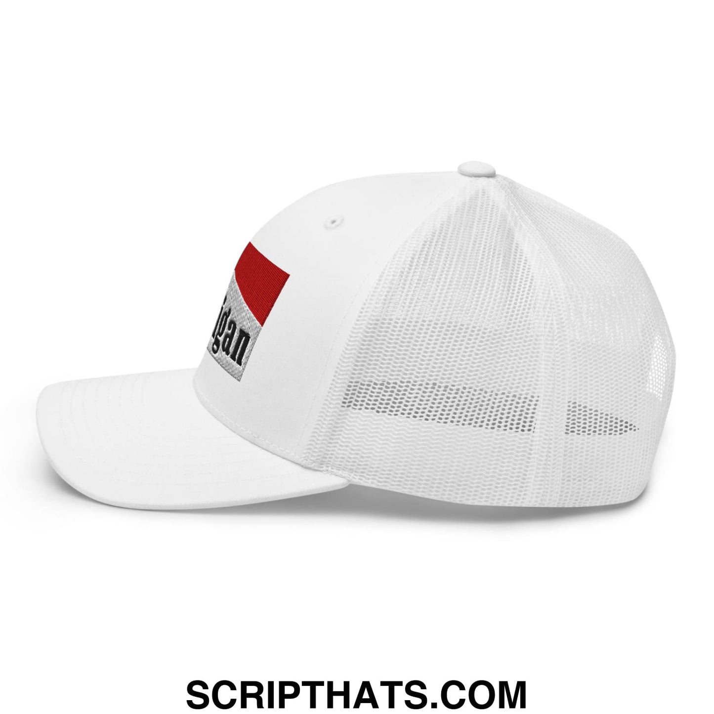 Mulligan Cigarette Red Embroidered Mesh Trucker Hat White