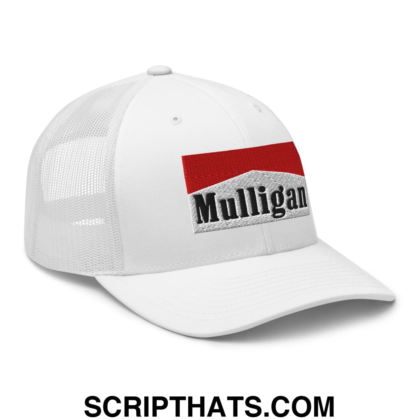 Mulligan Cigarette Red Embroidered Mesh Trucker Hat White