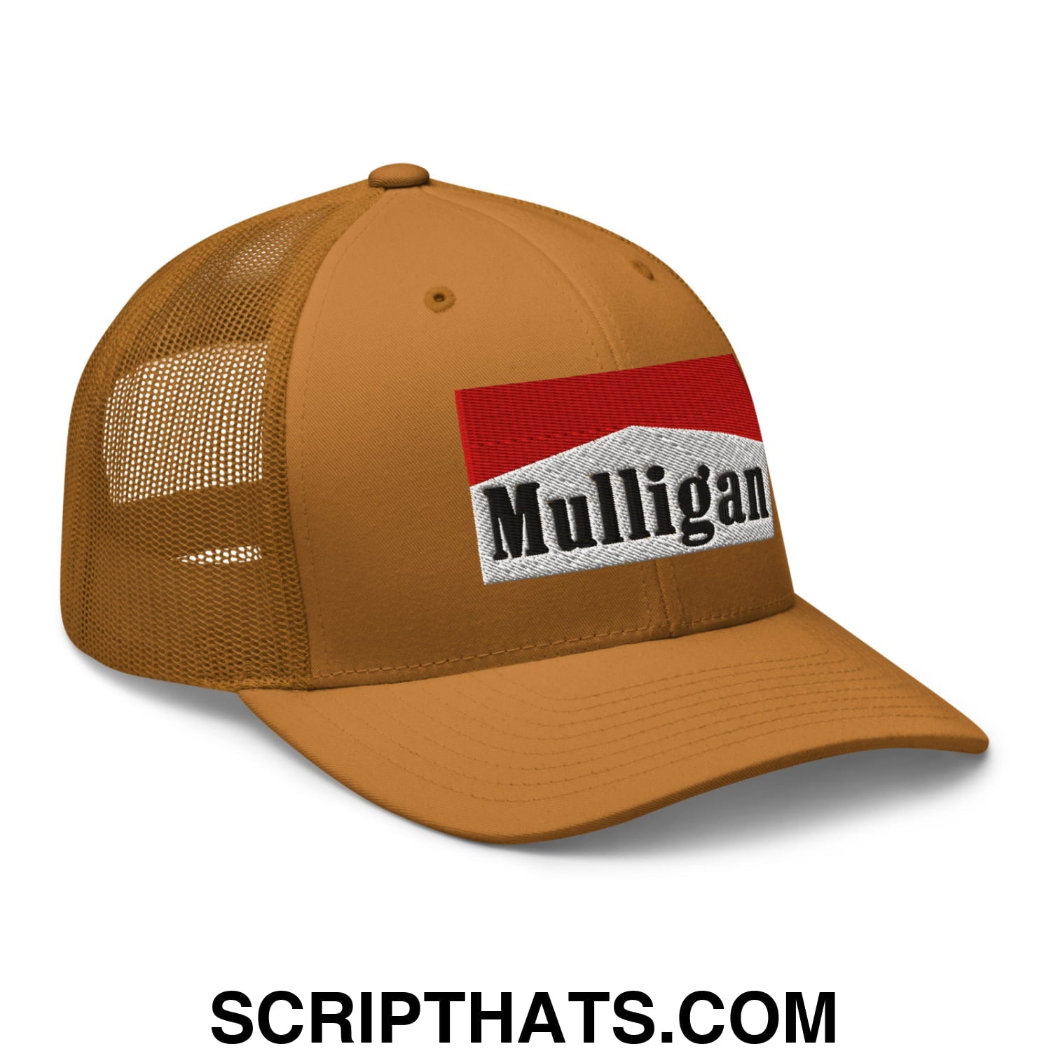 Mulligan Cigarette Red Embroidered Mesh Trucker Hat Caramel