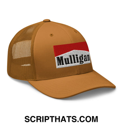 Mulligan Cigarette Red Embroidered Mesh Trucker Hat Caramel