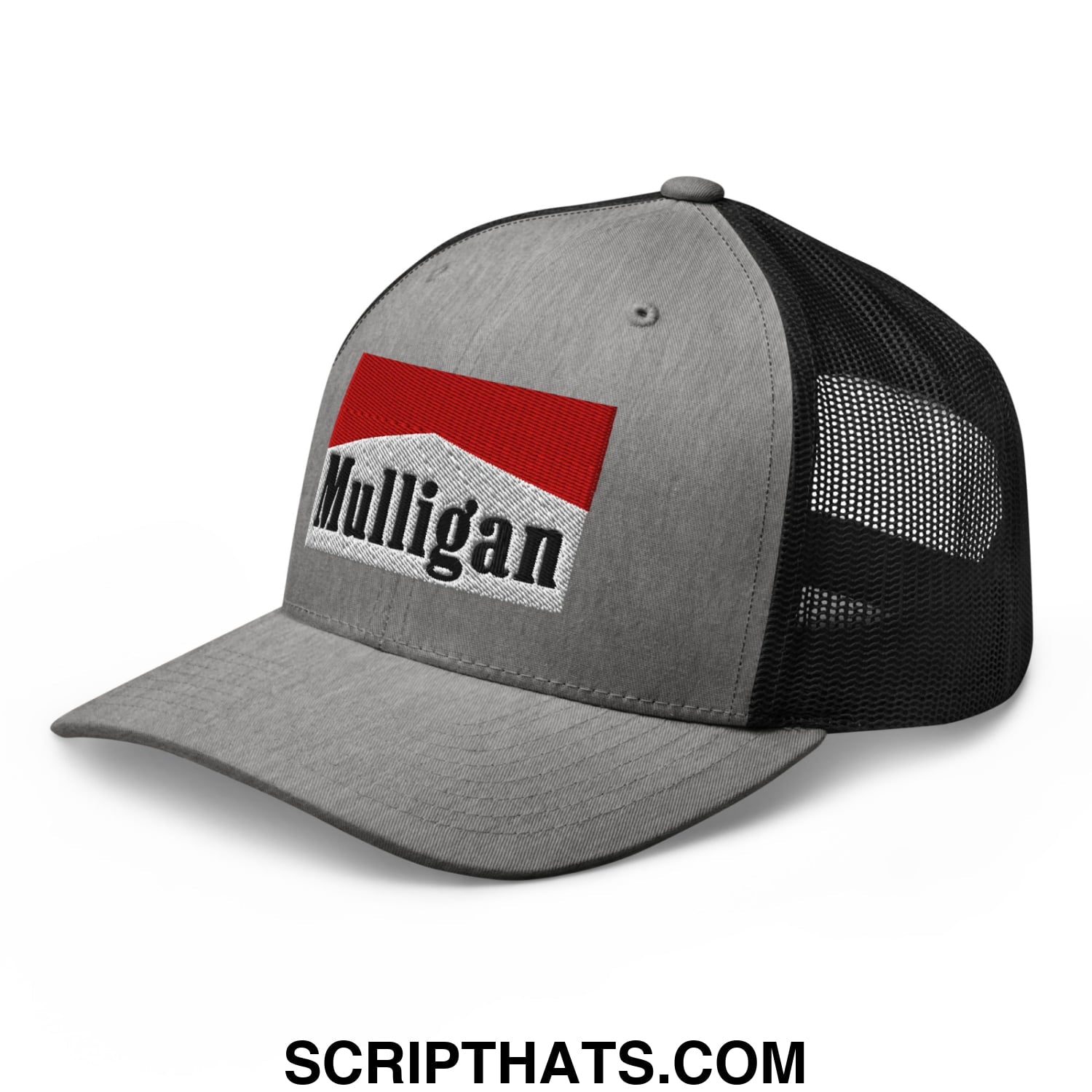 Mulligan Cigarette Red Embroidered Mesh Trucker Hat Heather Black