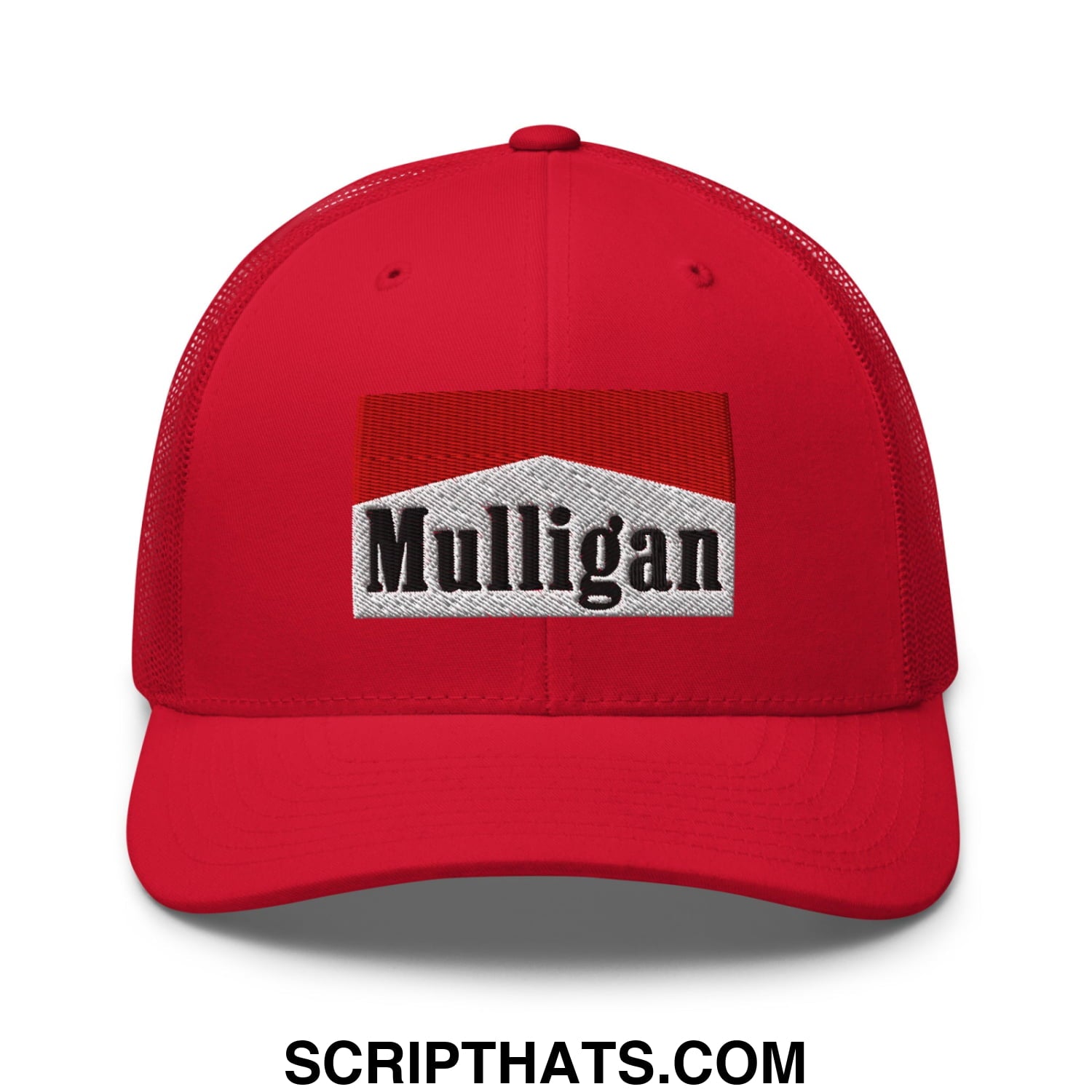 Mulligan Cigarette Red Embroidered Mesh Trucker Hat Red