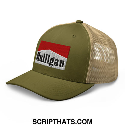 Mulligan Cigarette Red Embroidered Mesh Trucker Hat Moss Khaki