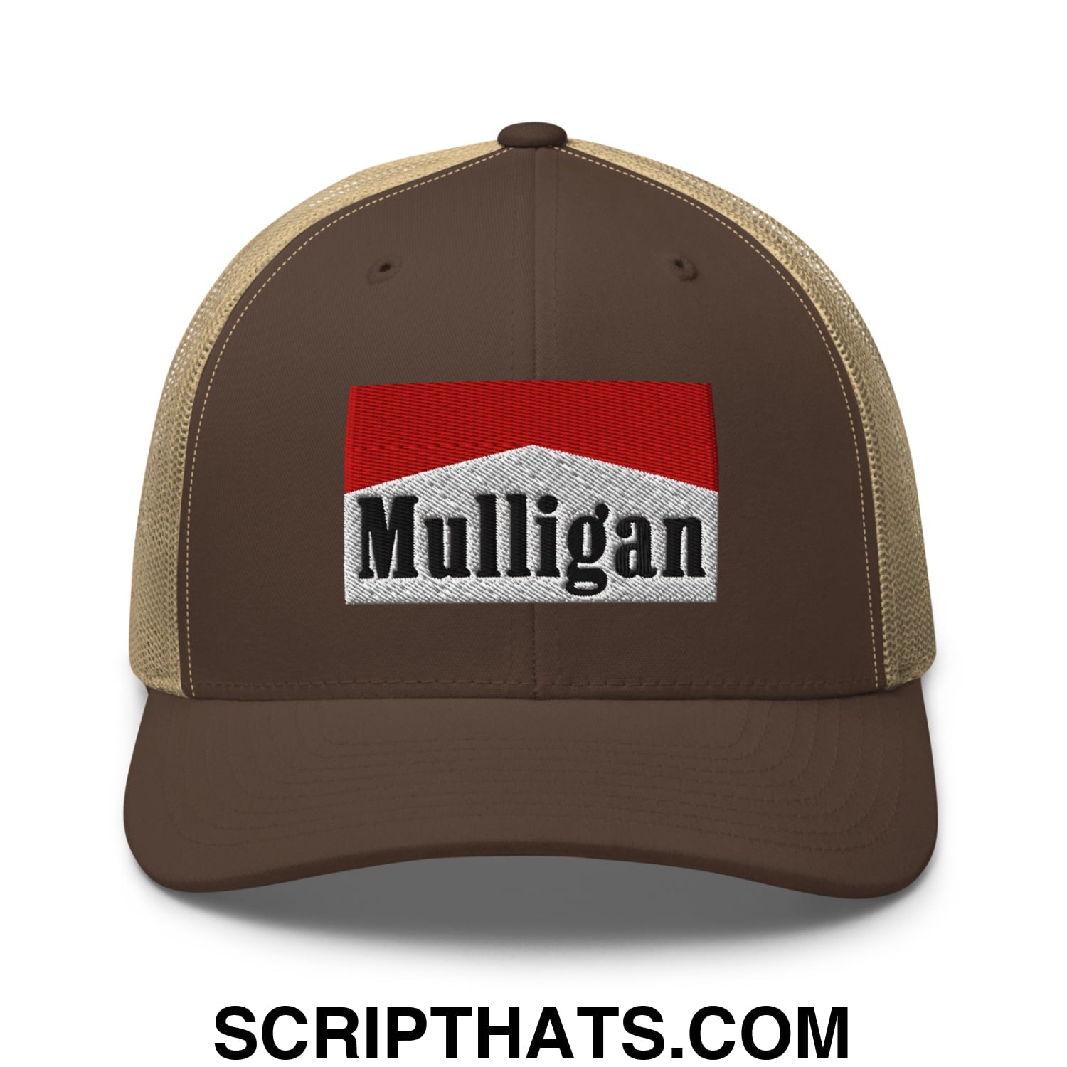 Mulligan Cigarette Red Embroidered Mesh Trucker Hat Brown Khaki