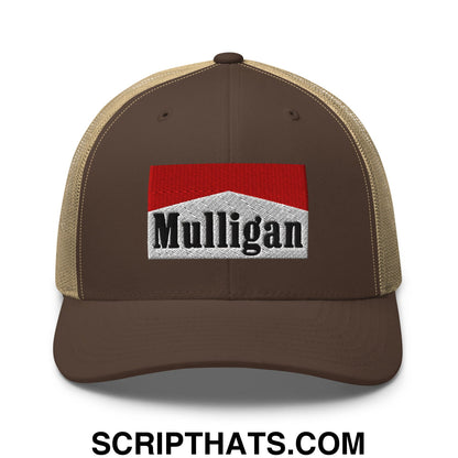 Mulligan Cigarette Red Embroidered Mesh Trucker Hat Brown Khaki