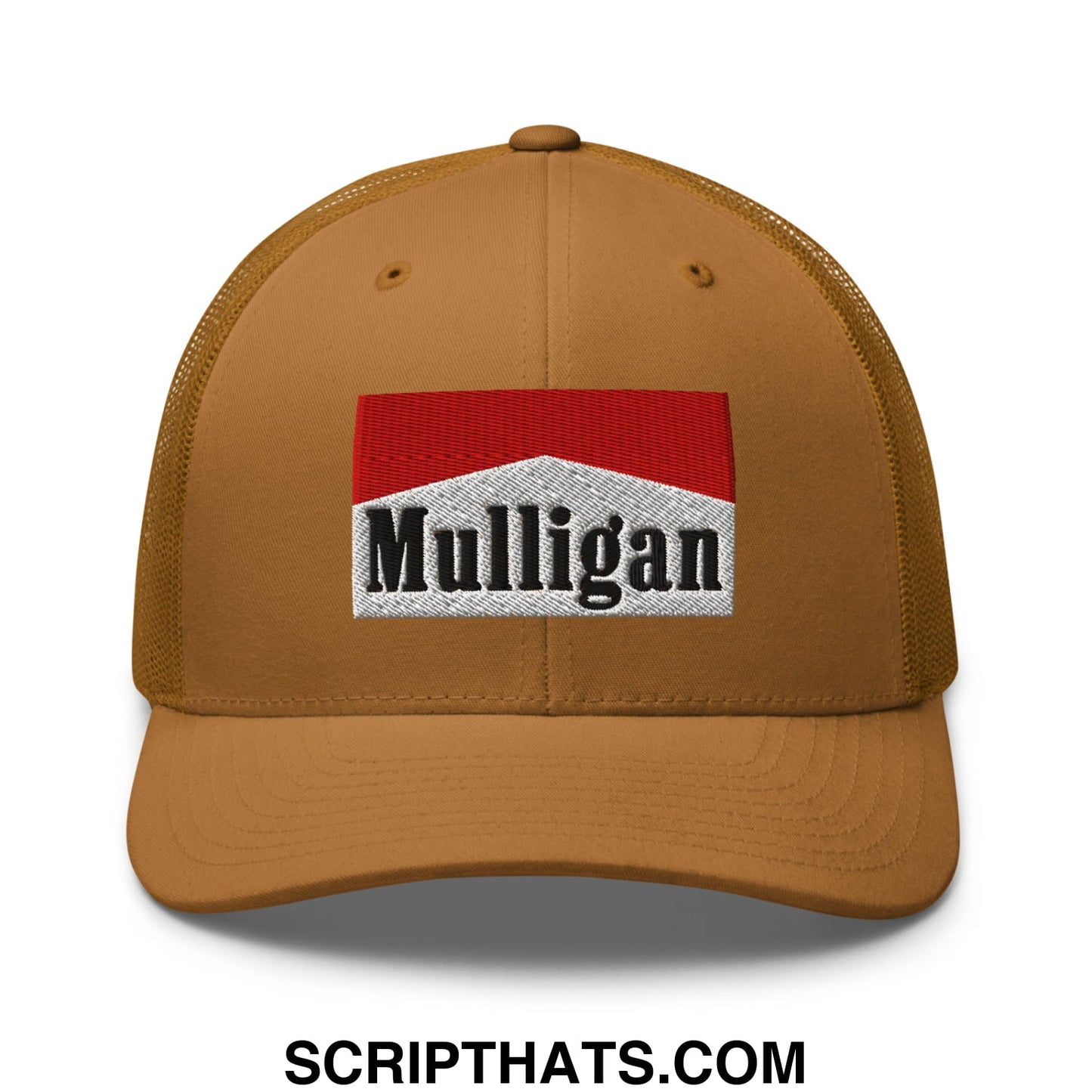 Mulligan Cigarette Red Embroidered Mesh Trucker Hat Caramel