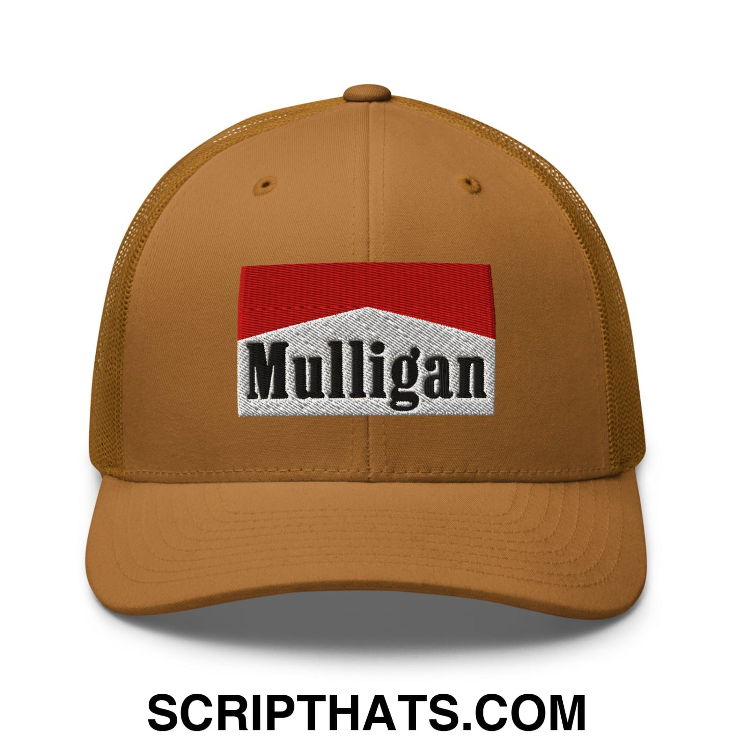 Mulligan Cigarette Red Embroidered Mesh Trucker Hat Caramel