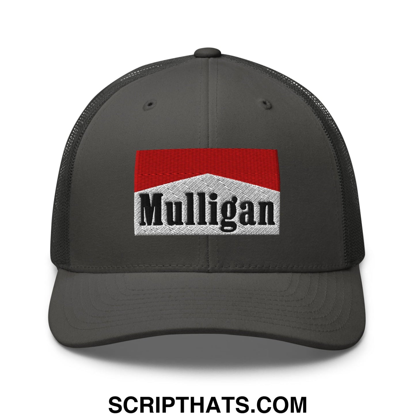 Mulligan Cigarette Red Embroidered Mesh Trucker Hat Charcoal